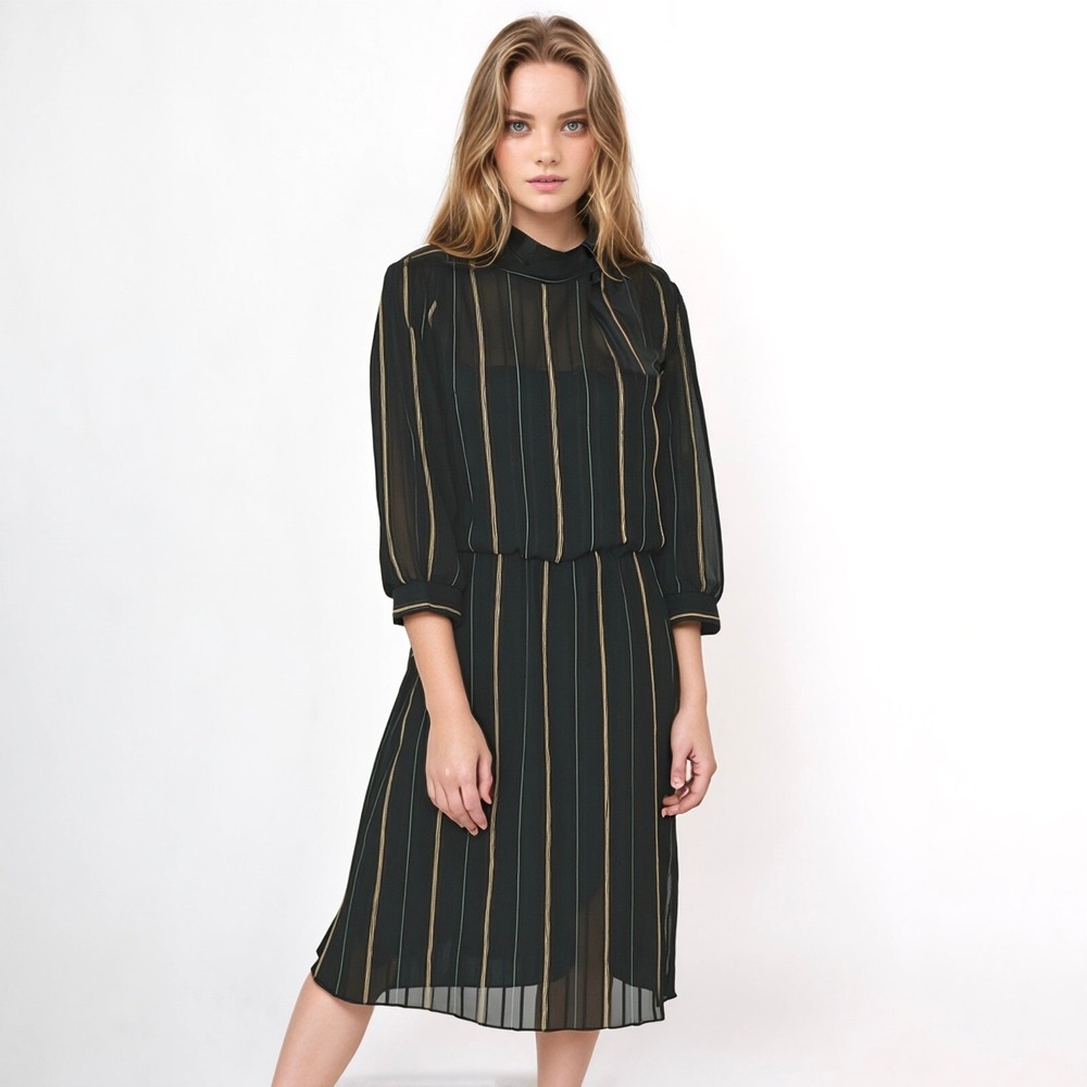 Vintage Black and Gold Striped Long Sleeve Dress